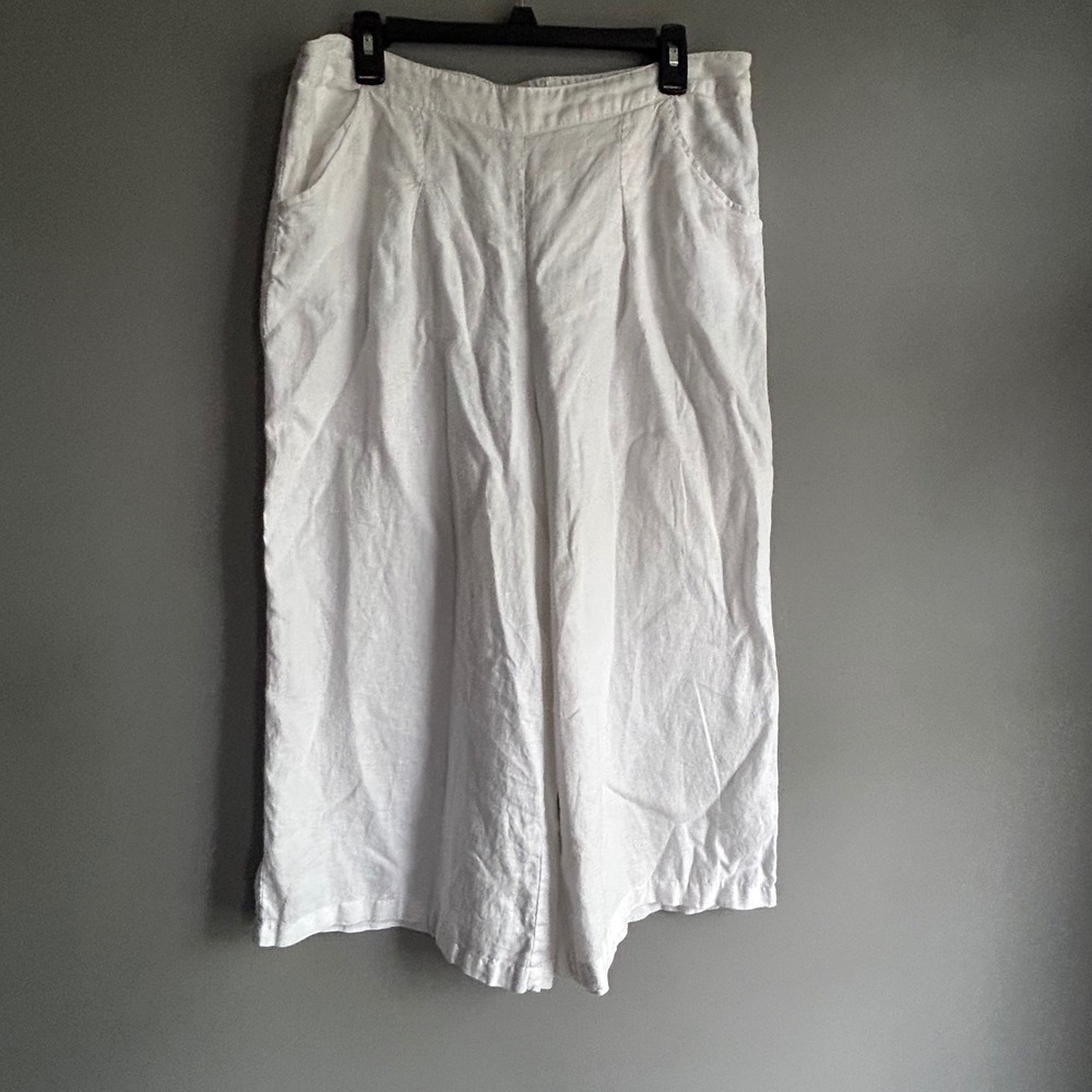Sigrid Olsen Womens White 100% Linen Wide Leg Cropped Pants Size L Elastic Back